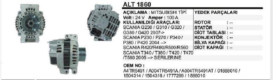 Alternatör Mitsubishi 24V 100A 8 Kanal Scania P G R T Seri 2004 ve sonrası | OEM A4TR5693