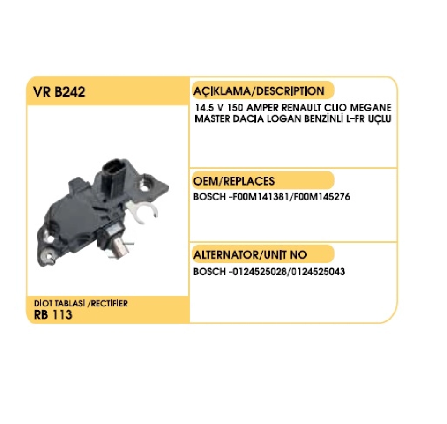 Konjektör Bosch Tipi 12V Renault Clio 2 - Kango - Megane - Logan 2 Fişli ( L-Fr ) Uçlu FOOMA45237 | OEM VRB242