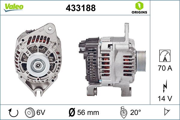 Alternator 12V 70A Peugeot XUD9 / XUD9A | VALEO 433188 | OEM 5701E2