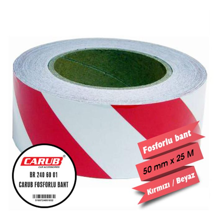 Carub Fosforlu Bant Çapraz Beyaz Kırmızı İ 5CM X 25 Mt