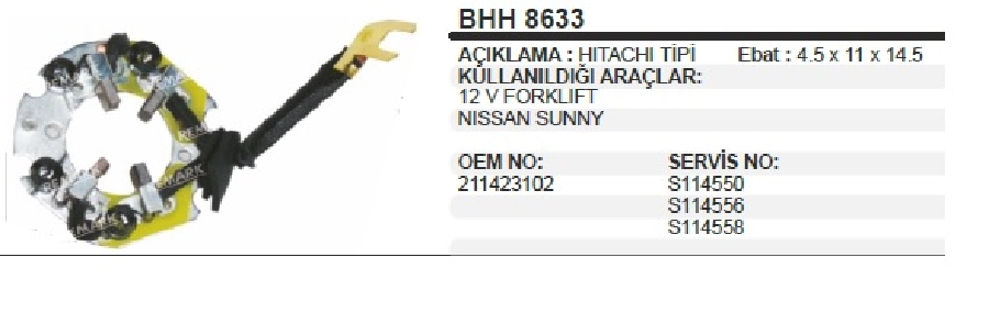 Marş Kömür Yuvası 12V Hitachi Tip Forklift, Honda Kömür 4,5X11X14,5 | OEM BHH8633