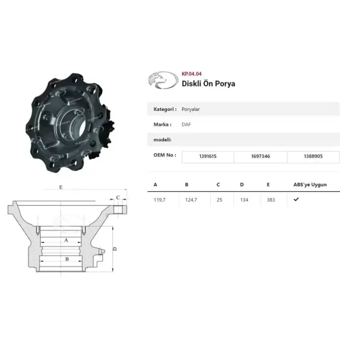 Dingil Poryasi Ön Teker Diskli DAF XF Serisi | KURTSAN KP.04.04 | OEM 1391615/1697346/1388905