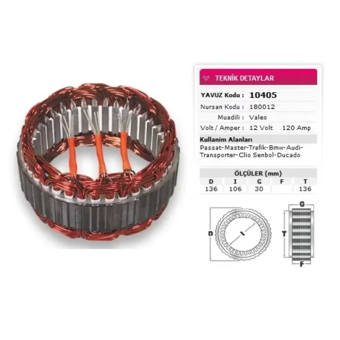 Stator Valeo Tip 12V 120A Passat Master Trafic BMW Audi T Porter Clio Symbol Ducato Nursan 180012 | YAVUZ 10 405