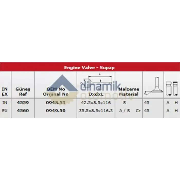 Subap Takimi (Std) J9 XD3P 2,5D (In 4 / Ex 4) | GUNES 4559-4560 | OEM 0948.53 0949.50