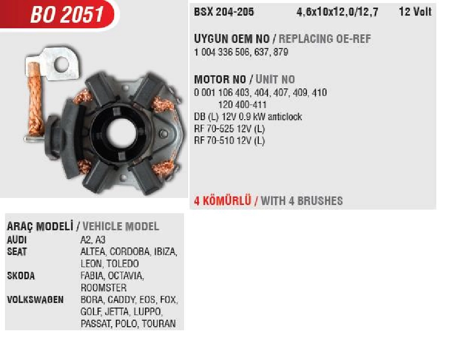Marş Kömür Yuvası - Seat Cordoba-Ibiza-Leon, Skoda Octovia VW Caddy Bora Golf 4-5 Polo 1,2L-1,4L Audi | OEM BO2051
