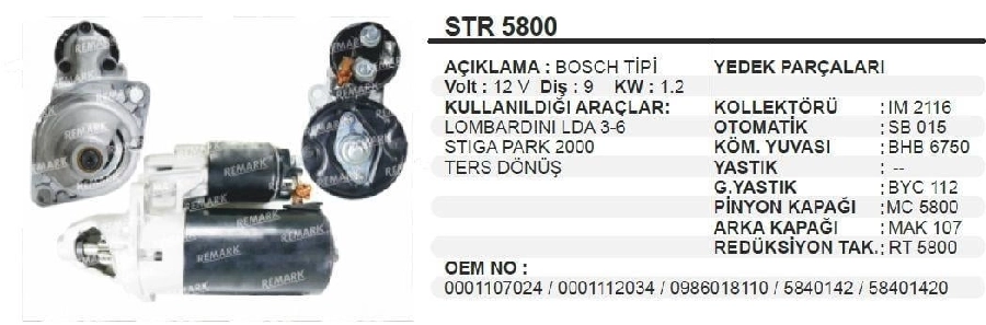 Mars Motoru 12V 9 Dış 1.1 kW Bosch Tipi Lombardını Pancar Motor Ters Donus (18473 0001107024) | OEM PRS-STR5800