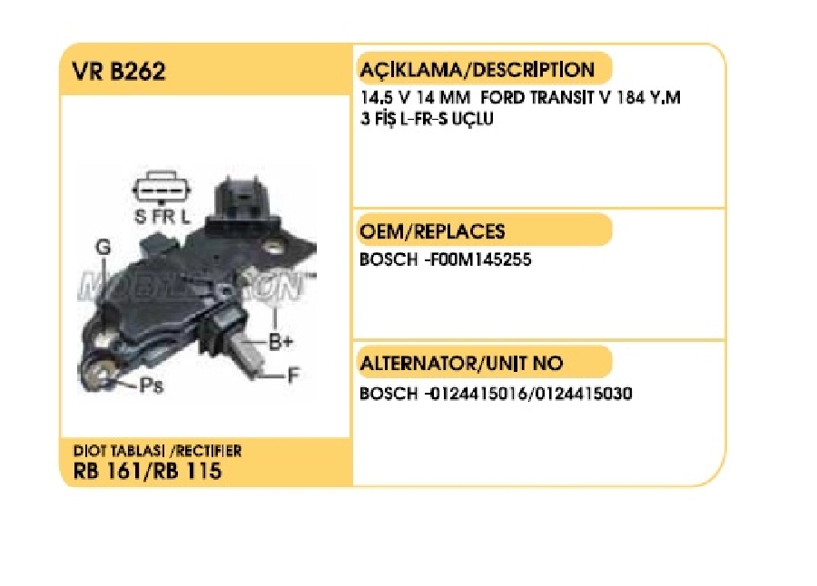 Konjektör Bosch Tipi 14.5V (14mm) - Citroen Berlingo-Peugeot 206, 306 2.0HDI Ford Transit Yeni Model | OEM VRB262
