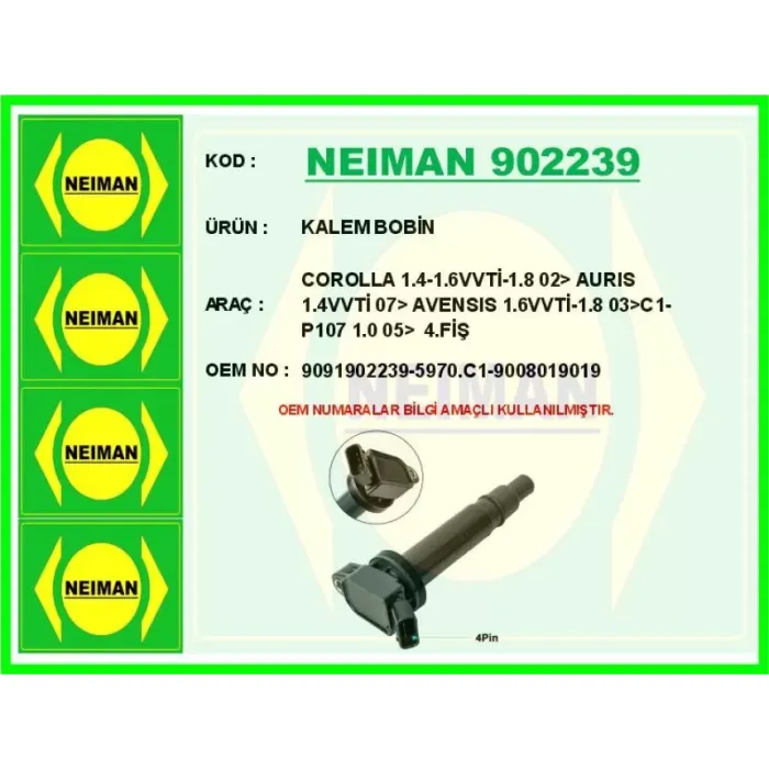 Atesleme Bobini Toyota Corolla Avensis Yaris RAV4 1.4 Vvti / 1.6 Vvti / 1.8 / 2.0 00-> P107 C1 384F 1.0 | NEIMAN 902239 | OEM 9091902239-5970.C1-9008019019