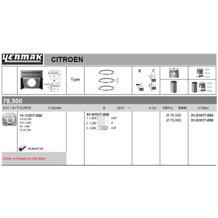 Piston Segman (78,50MM) / (Std) P301 C Elysee P208 13> P308 2 14> EC5 / EC5F (1,6 Vti 16V EURO5) | YENMAK 31-31017-000 | OEM 1609266080 1615658080