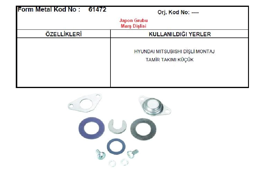 Marş Dişlisi Orta Kapak Tamır Takımı - Mitsubishi Hyundai Grace-H100 Minibüs-Megastar | OEM 61472