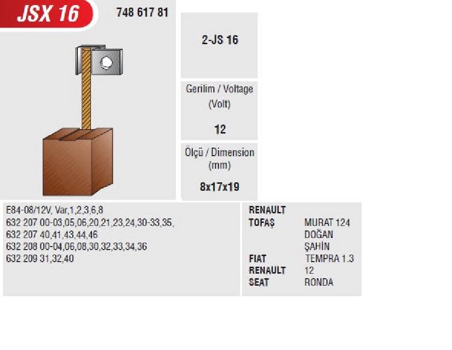 Marş Kömürü 12V Renault-Dogan-Regeta-Rıtmo Fiat Tip (8X17X19) | OEM JSX16