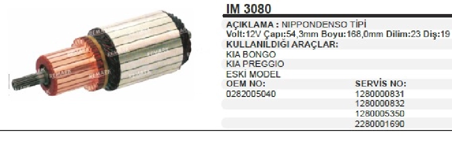 Marş Kollektörü Nippon Denso Tipi 12V Kia Bongo-Kobra, Thermokıng, Komatsu, Hyster Forklift BOY:167 CAP:54 | OEM IM3080