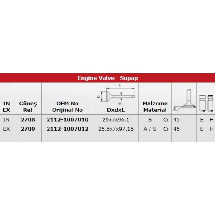Subap Takimi Vega 1,5I 16V (In 8 / Ex 8) | GUNES 2708-2709 | OEM 21120100701001A 21120100701001A 21120100701202A 21120100701202A