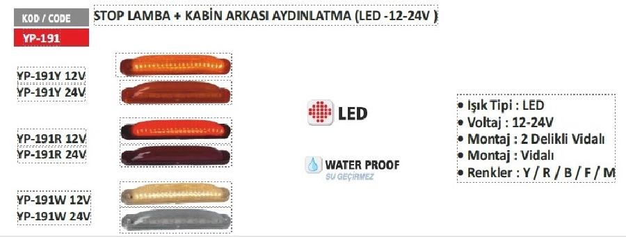 Stop Lamba + Kabin Arkası Aydınlatması LED Sarı | OEM YP191Y-24V
