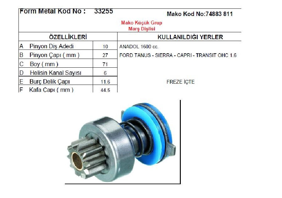 Marş Dişlisi 10D - Mako Tipi Anadol-Taunus | OEM 33255