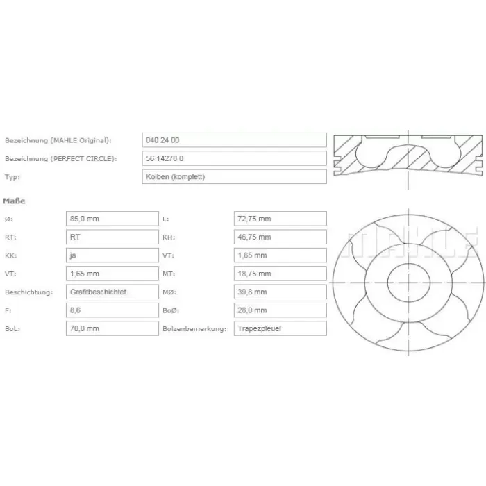 Motor Piston Segman P806 P807 Expert Evasion C8 Jumpy DW10ATED4 (2,0HDI 16V) / (85,00MM) / (Std) | MAHLE 0402400 | OEM 0628N1 0628V4