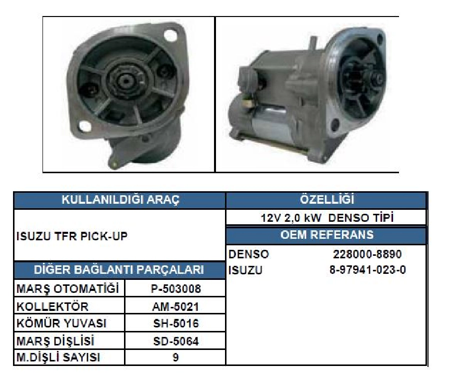 Marş Motoru 12V 2.0 kW 9D Lucas Tipi Isuzu Low Kamyonet, Tfr, Nkr, Pıck Up, J9 Premier ( Dişli F Me | OEM LES0330