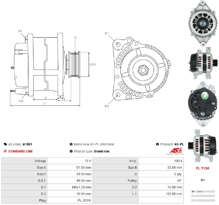 Alternatör 12V 100A Delco Tip 6 Kanal Opel Astra-Vectra-Tigra | OEM A1001