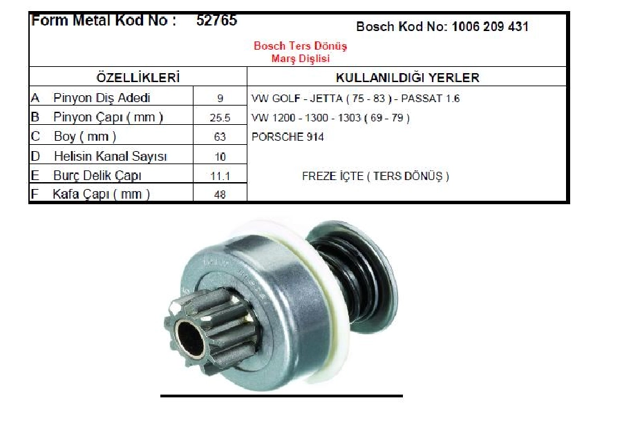 Marş Dişlisi 9D - Bosch Tipi Golf-Jetta-Passat 1.6, Porsche Ters Dönüş CCW | OEM 52765