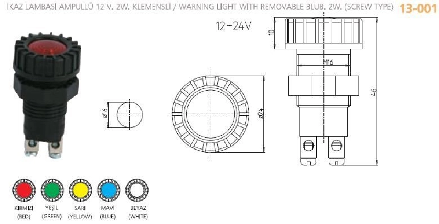 Sarı İkaz Lambası (Klemensli, 2W Ampüllü) | OEM 13-001/S