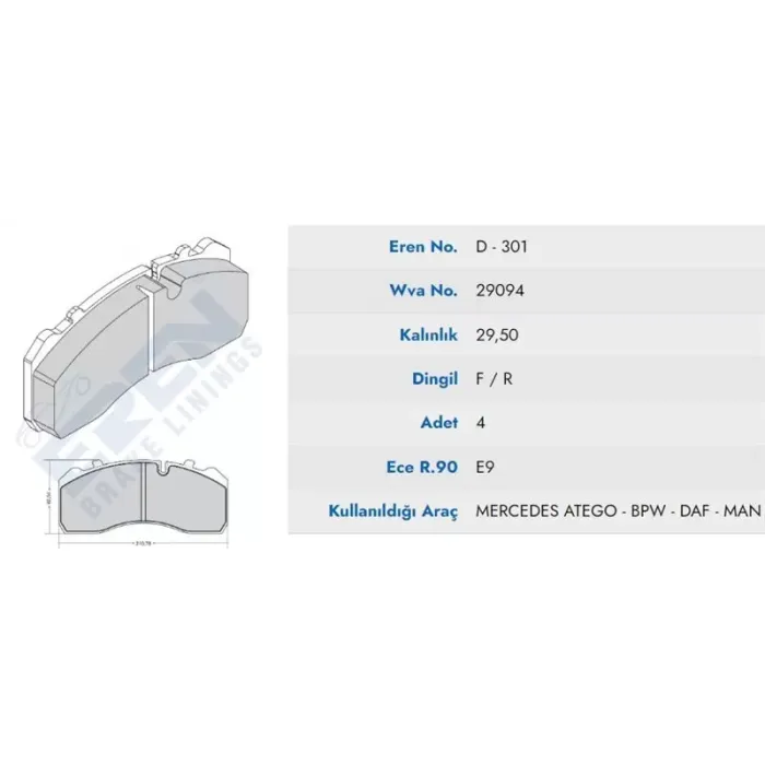 On Arka Fren Balatasi Mercedes Atego Yayli (00-) Otokar Doruk (Mavi Kutu) | EREN HP D.301 M201 | OEM 29094 0084205820 0084207120