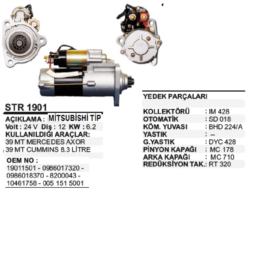 Mars Motoru 24V 6,2 kW 12 Dış Delco Tipi Mercedes Benz Actros MP2 - MP3 Truck, Cıtaro 0530, Tourıs | OEM STR1901