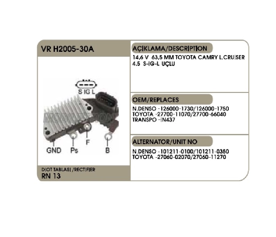 Konjektör 12V N Denso Tipi Corolla, Landcruıser, Honda Yassı Soket 3 Fışli S-Ig-L Uçlu | OEM VRH2005-30A