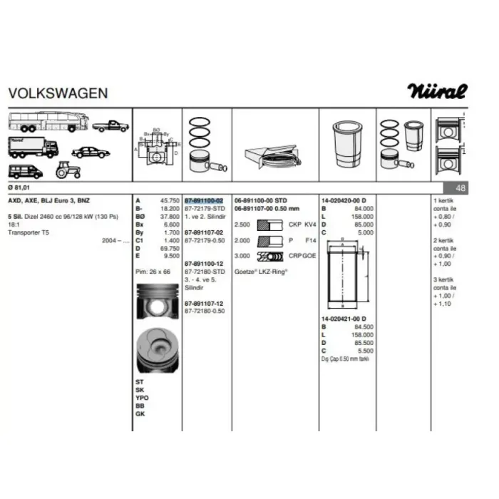 Piston+Segman (81,01MM Std (5 Silindirli Motorun 1, 2, Pistonlari) Transporter T5 03>09 Touareg 03>10 2,5TDI (130 / 163 / 174 Ps) Axd Axe Bac Blj Blk 03>10 | GOETZE 8772179STD000G | OEM