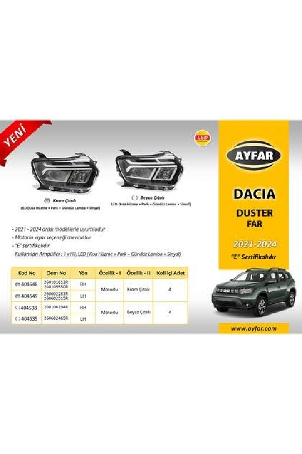 D Duster Far Sağ LED'li (LED Drl + Park + Sinyal + Kısa Hüzme) Beyaz Çıtalı Motorlu (2021 ve sonrası ) | OEM 404538