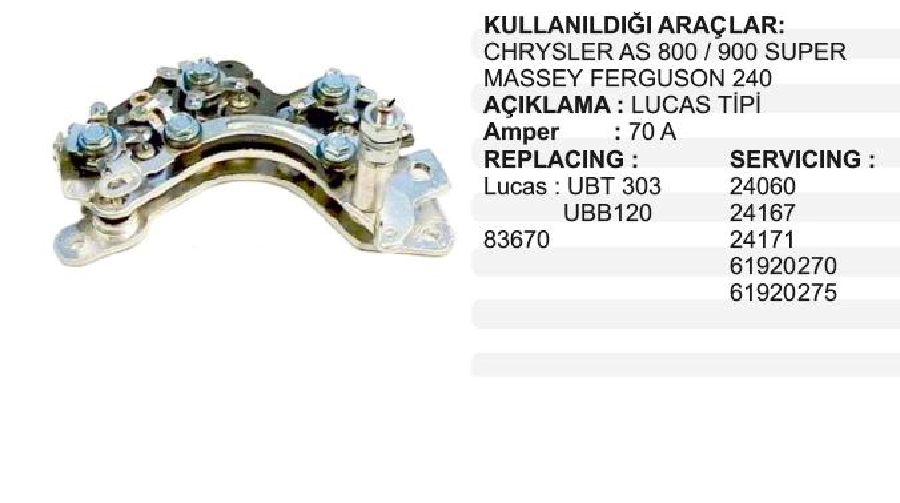 Diyot Tablası Lucas Tipi A 115 BMC Tm 30 AS950 AS800 Dodge Chrysler, Mf Traktör 240, 240S, 255 Ep, 260 | OEM UBT303