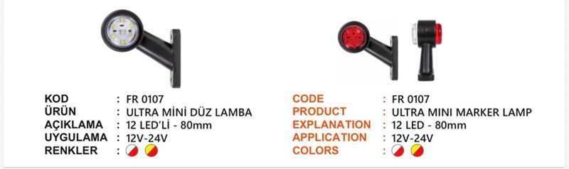Fr Ultra Mini Düz Lamba 12 Ledli Beyaz Kırmzı