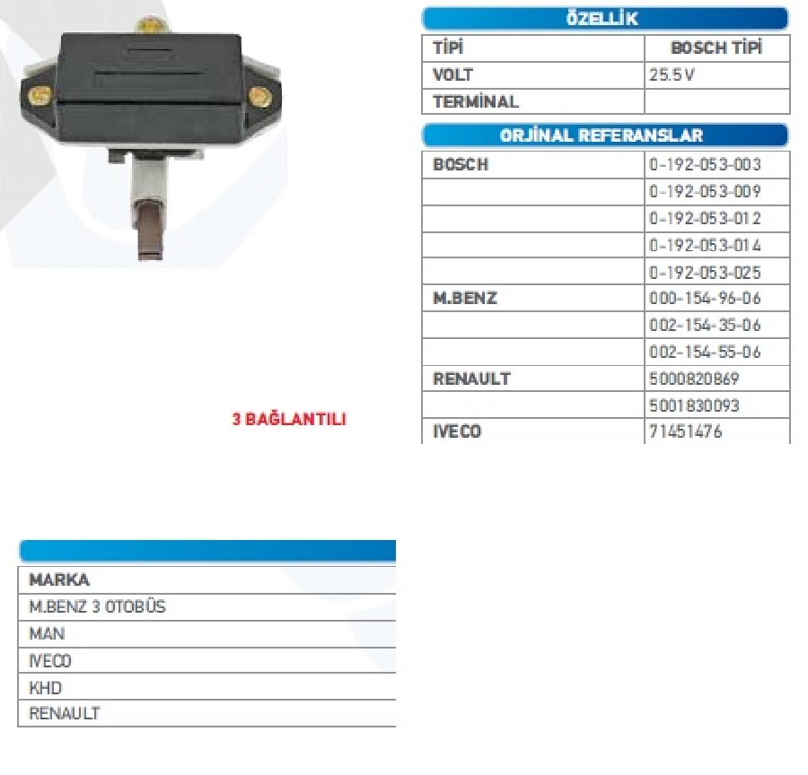 Konjektör Bosch 24V ( 28.3V (28mm) - Mb, MAN, Iveco, Khd .Mercedes, Volvo 3 Kulak | OEM VRB206