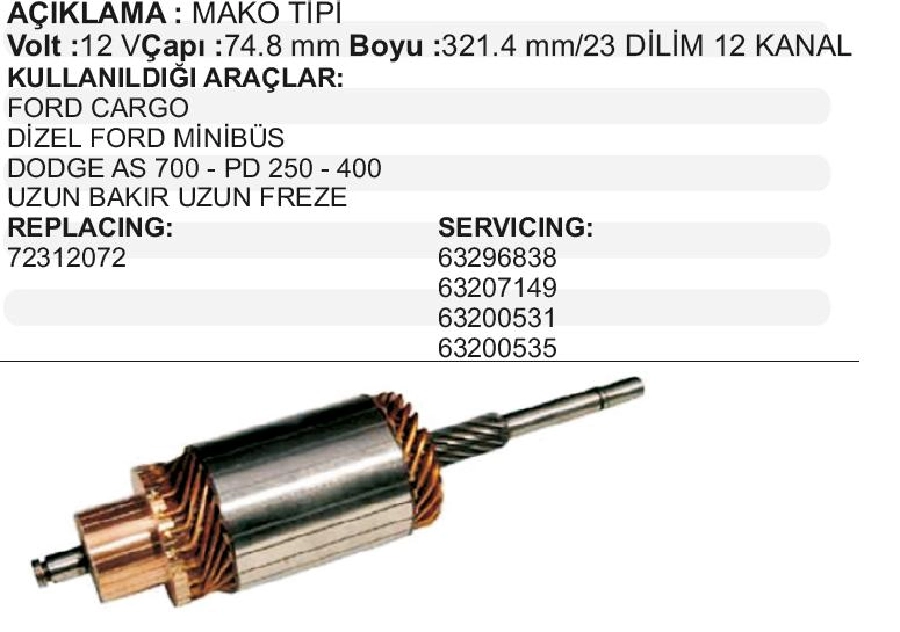 Marş Kollektörü Ub-Uf 12V - Transit Dzl Ford Cargo, Dodge AS700- PD250- 400 | OEM 72312072