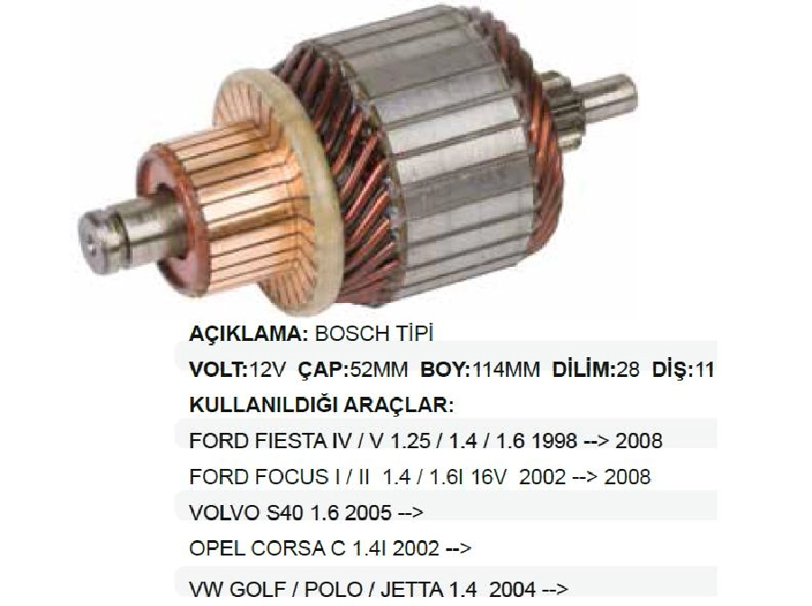 Marş Kollektörü Bosch Tip 12V Opel Astra H Combo C Corsa B C D 28 Dilim, 11 Diş, Çap 52mm Uzun 114mm | OEM IM3166