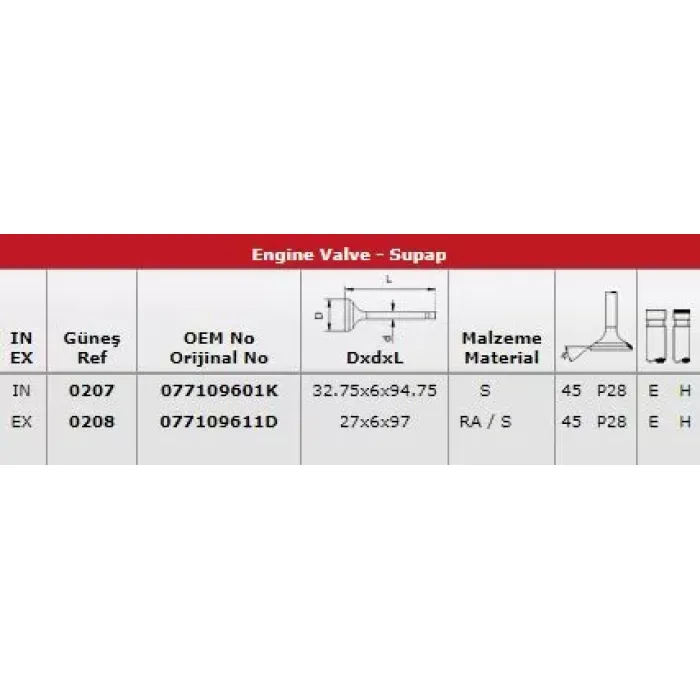 Subap Takimi (In 16 / Ex 16) A8 S8 3,7 V8 32V | GUNES 0207-0208 | OEM 077109601K 077109611D