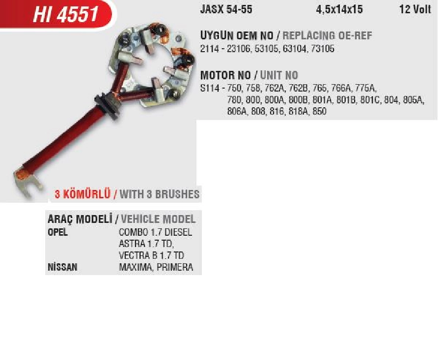 Marş Kömür Yuvası - Albea-Bravo-Grante Punto-Siena 1.4, Opel Astra F-Astra G-Astra H-Astra J-Combo 1.7 | OEM HI4551