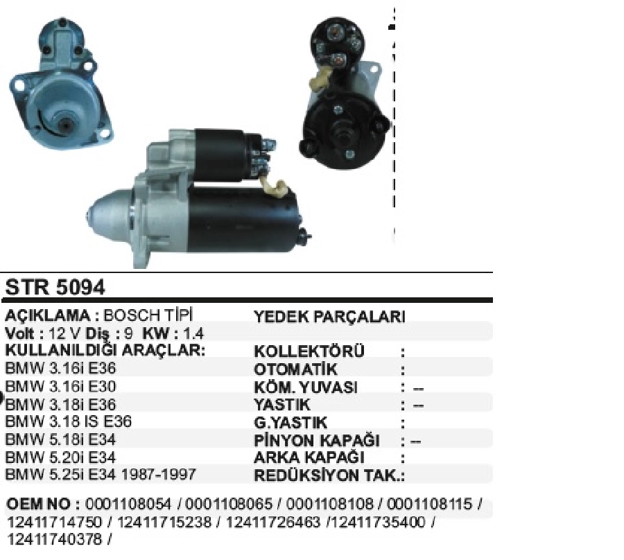 Marş Motoru 12V 1.4KW 9D. Bosch Tipi BMW E36-E30 3,16I, 5,20I, 5,25I 1987-1997 | OEM STR5094