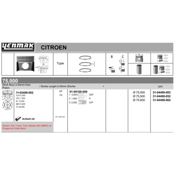 Piston Segman P206 P307 Partner 2 Berlingo 2 C4 C5 2 P308 P3008 P5008 DV6 (1,6HDI 16V) Focus Cmax 1,6TDCI (75,00MM) / (Std 0,40 Kısa) EURO4 Motor | YENMAK 31-04498-002
