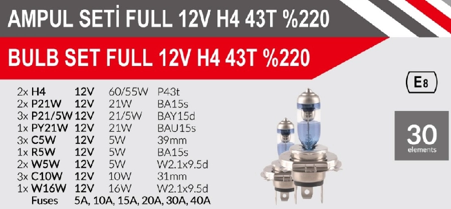 Ampul Seti Full 30 Parça H4 43T %220 Fazla Işık | OEM AEM101224