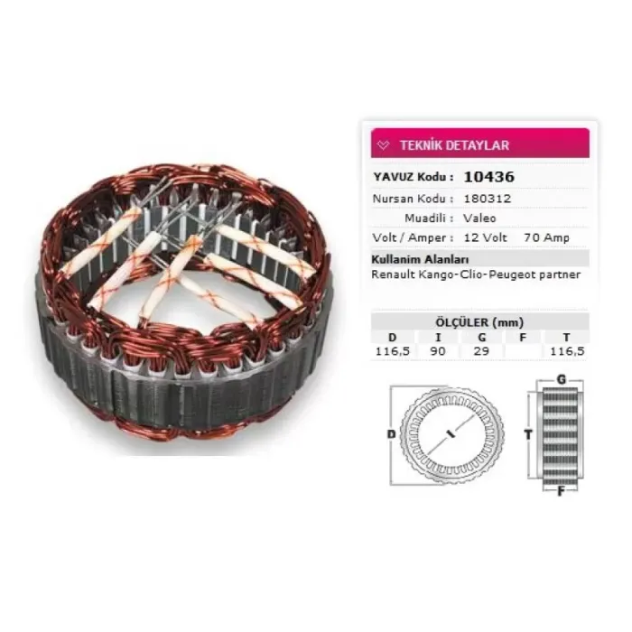 Stator Valeo Tip 12V 70A Renault Kango Clio Peugeot Partner Nursan 180312 | YAVUZ 10 436