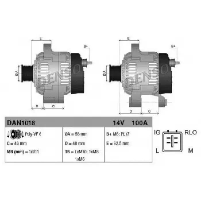 Alternator 12V 100A Toyota Corolla (E12-E15) Auris 1.4 D-4D | DENSO DAN1018 | OEM 27060-0N040