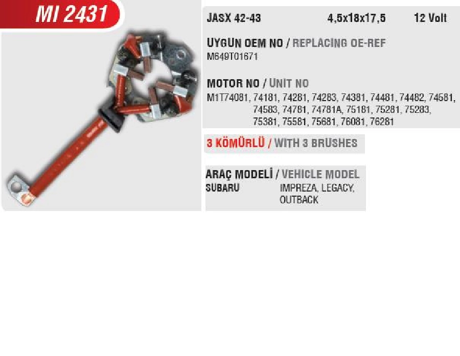 Marş Kömürü Yuvası - 12V Isuzu Forklift Peugeo Partner Fiat Ducato Scudo, Opel Vectra C - Astra H - Mer | OEM MI2431