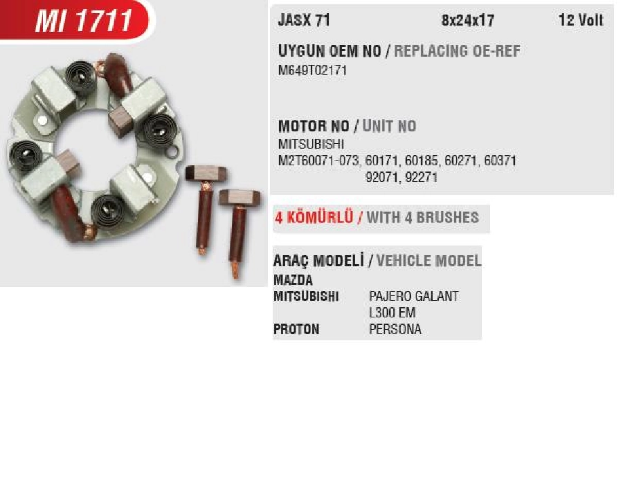 Marş Kömür Yuvası 12V Mitsubishi Kia, Mazda, Cat Forklıf (Uygun Kömür:JASX71) | OEM MI1711