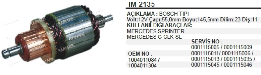 Marş Kollektörü Bosch Tip 12V Mercedes C220, C240 Clk, Sl, Sprinter, Fiat Sucudo, Peugeot Boxer 23 Dilim 11 | OEM IM2135