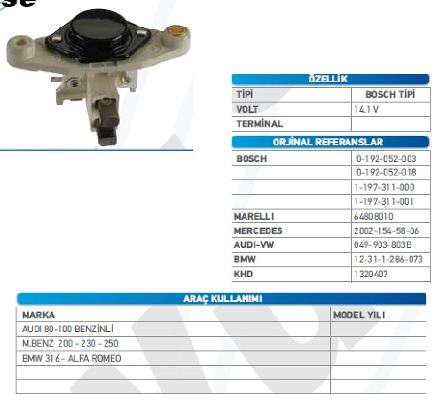 Konjektör Bosch Tipi Yeni Model 65A. 14.1V (32mm) - BMW, Ford, Opel, Seat, Audi, Volvo | OEM TRS.YR.IB350T