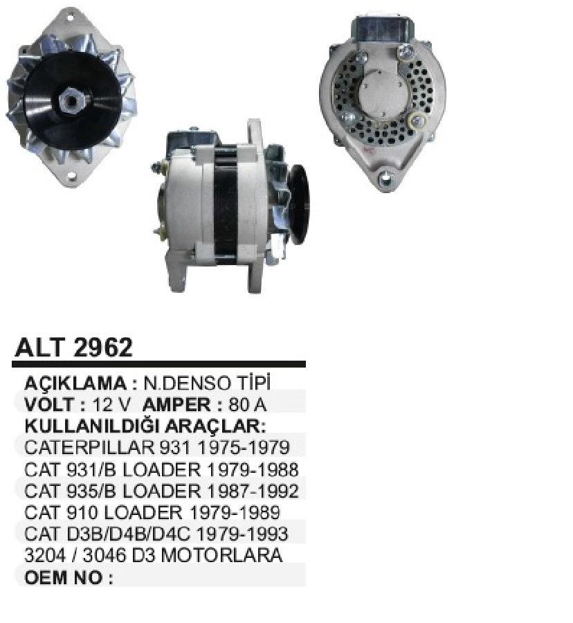 Alternatör N Denso 12V 80A Cat 931B, D3B, D4B, Cat 910 | OEM ALT2962