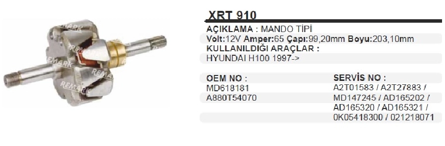 Rotor 12V 65A Hyundai H100 Mitsubishi L300 Eski Model (ÇAP:99,5 BOY:198,4) | OEM XRT910