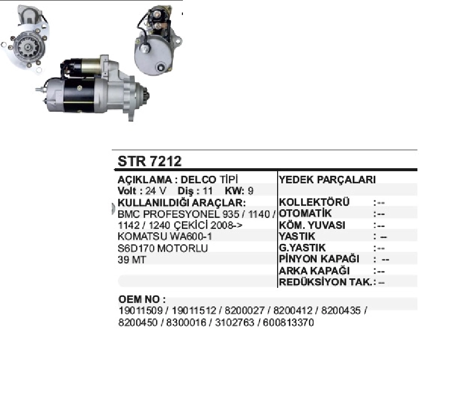 Marş Motoru 24V 11D. 7.3 kW Delco Tipi 39MT Prof 935 2008 ve sonrası 1140-1142-2144 Cekıcı 2009 ve sonrası Komatsu W | OEM STR7212