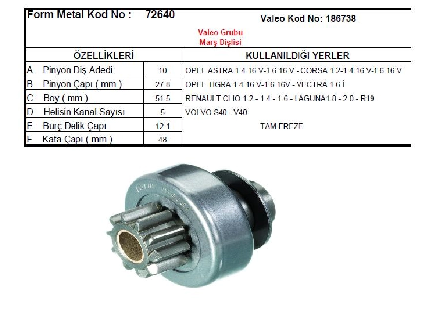 Marş Dişlisi 10D 10 Kanal Şanzumanlı - Opel Astra-Corsa-Tigra-Vectra, Renault Clio-Laguna, Volvo S40-V40 | OEM 72640