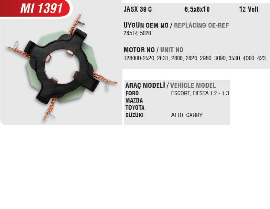Marş Kömürü Yuvası - Ford Escort-Fiesta, Mazda, Toyota, Suzuki Alto (Uygun Kömür:JASX39C) | OEM MI1391
